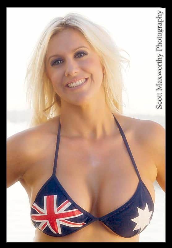 Aussie Cozzie – MaxyPhoto - Scott Maxworthy Photography Model Sandy smiling in an Australian flag swimsuit.